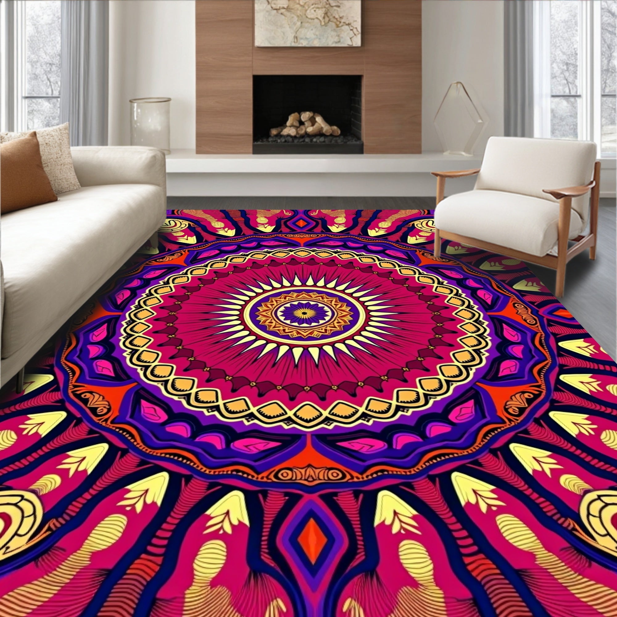 Vibrant Magenta Sunburst Mandala Art Rug