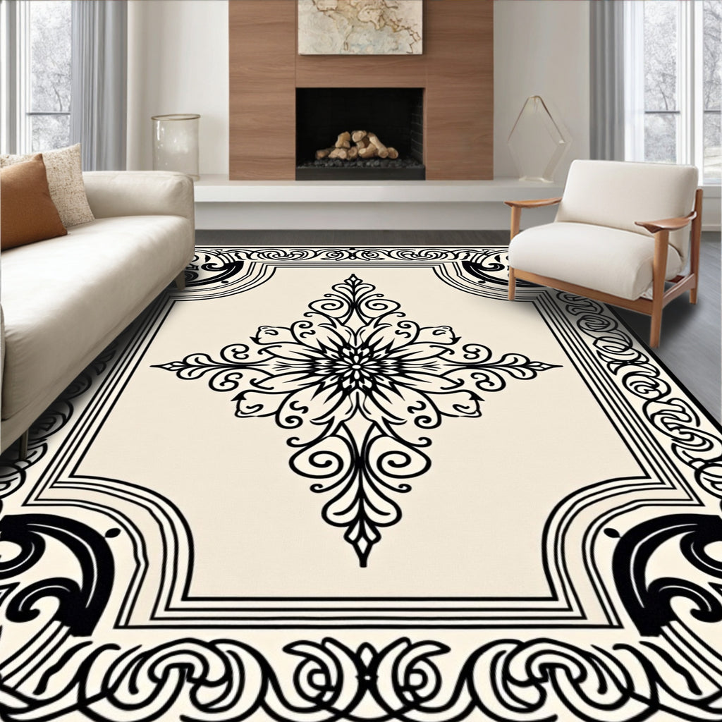 Vintage Cream Black Floral Medallion Art Rug