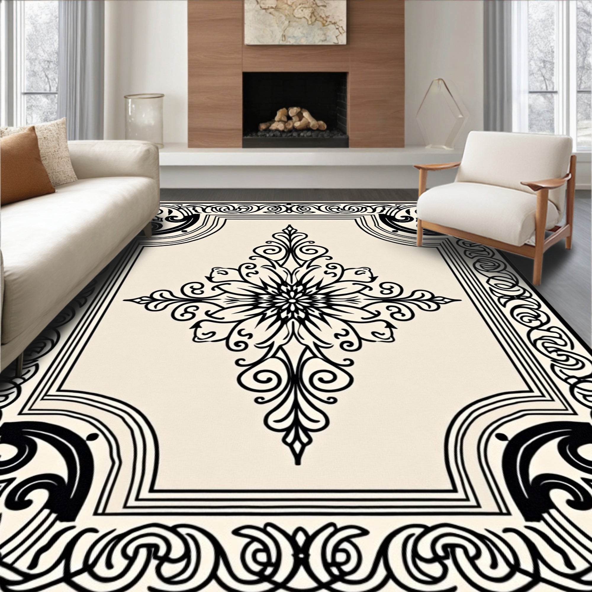 Vintage Cream Black Floral Medallion Art Rug