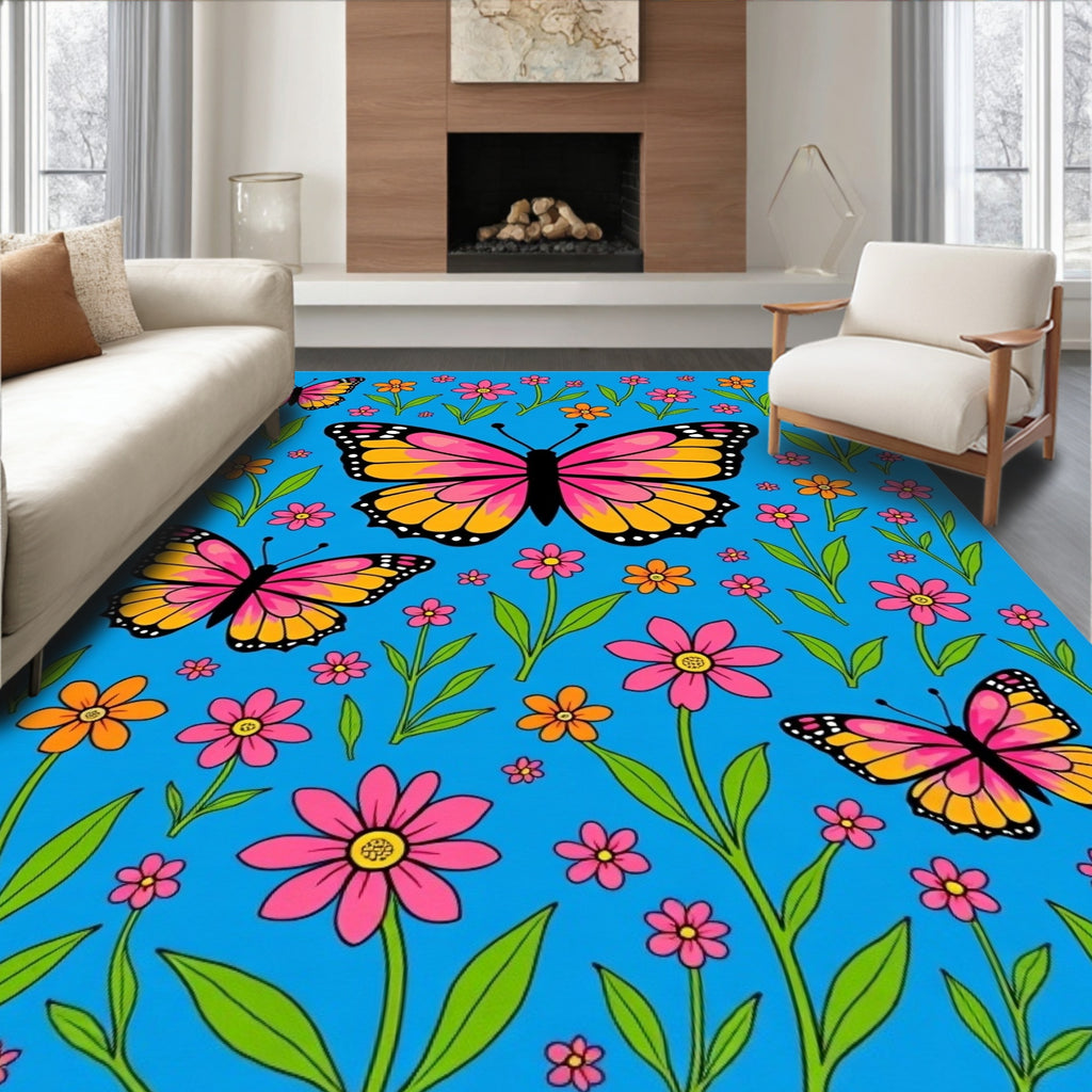 Pink Orange Butterfly Floral Surround Rug