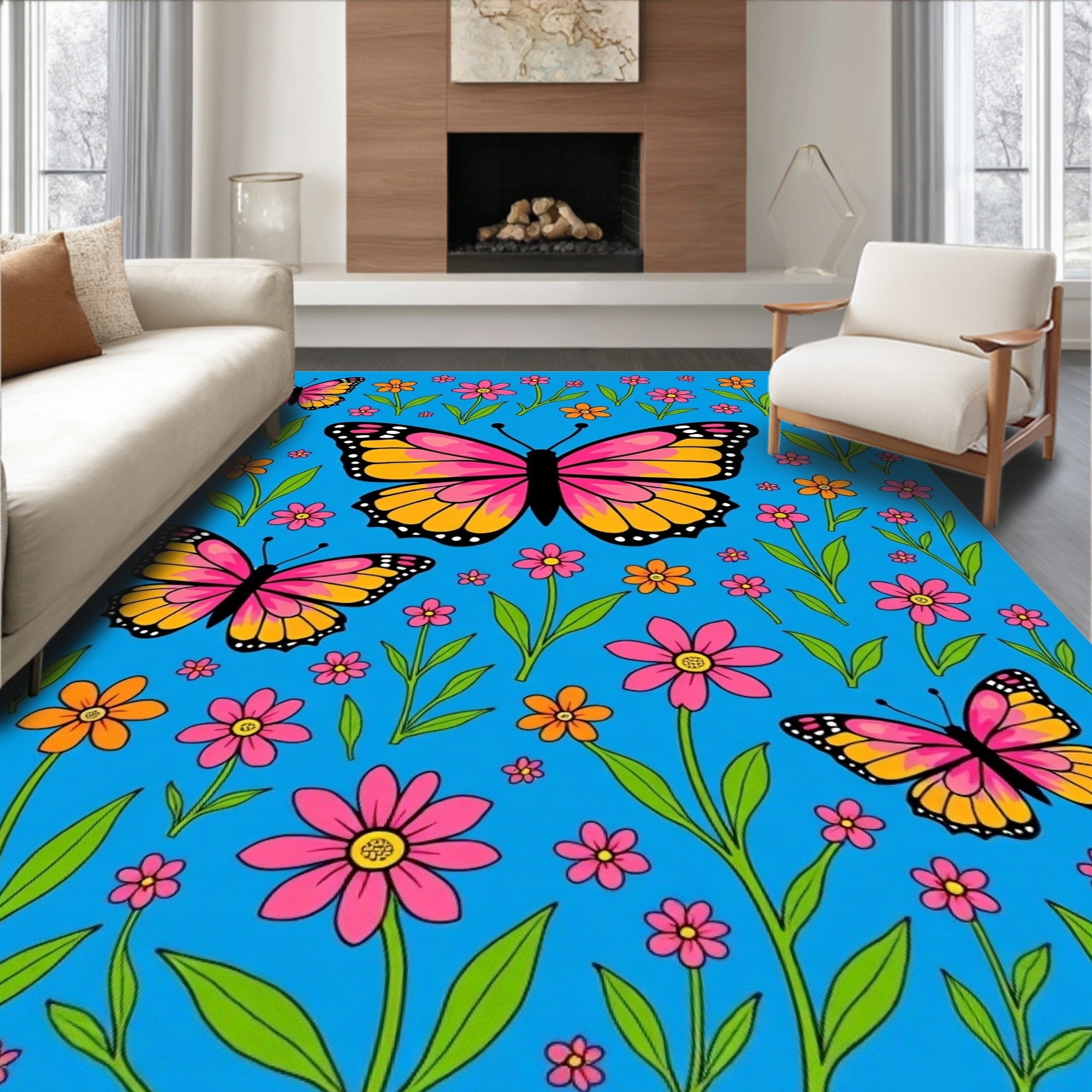 Pink Orange Butterfly Floral Surround Rug
