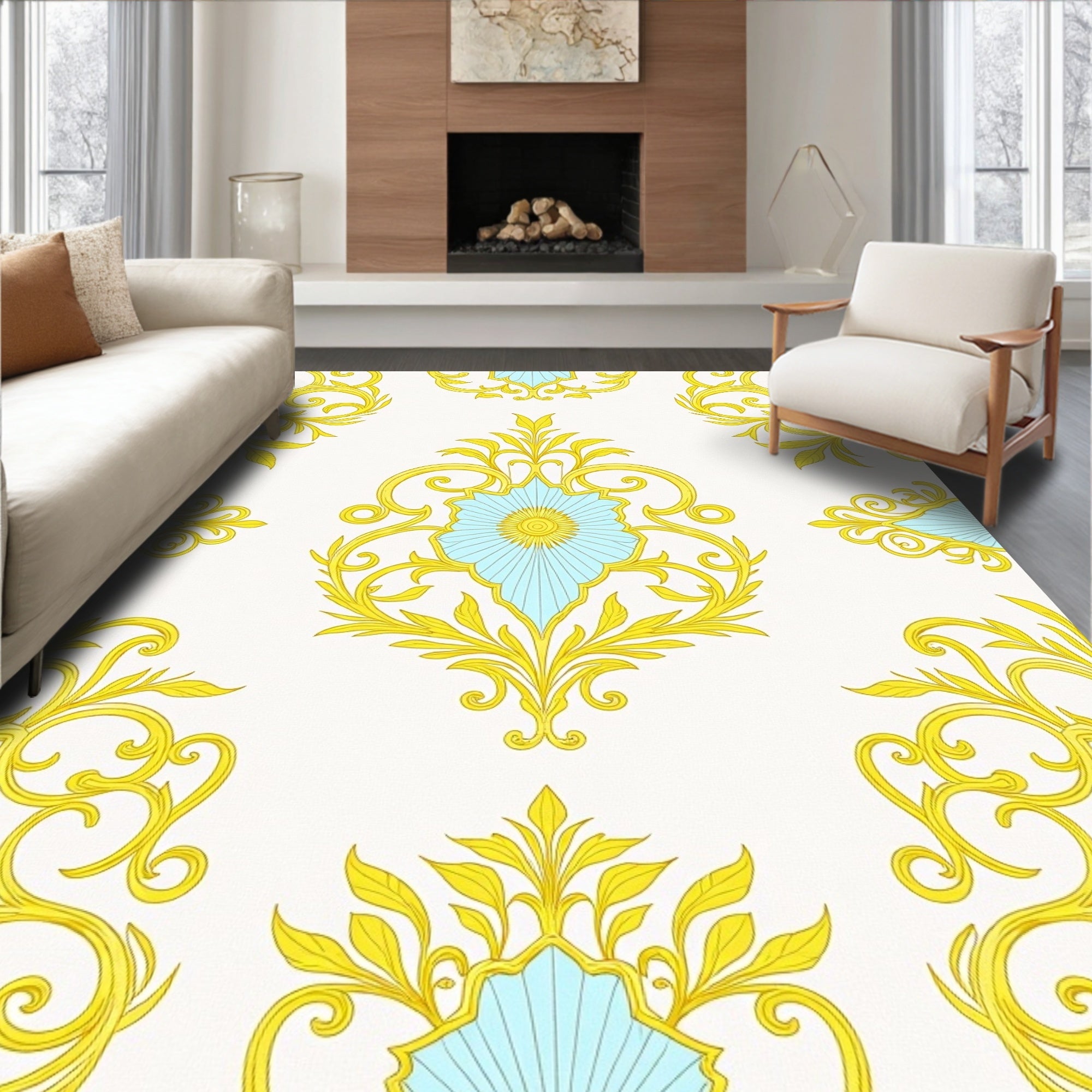 Golden Blue Floral Damask Medallion Rug