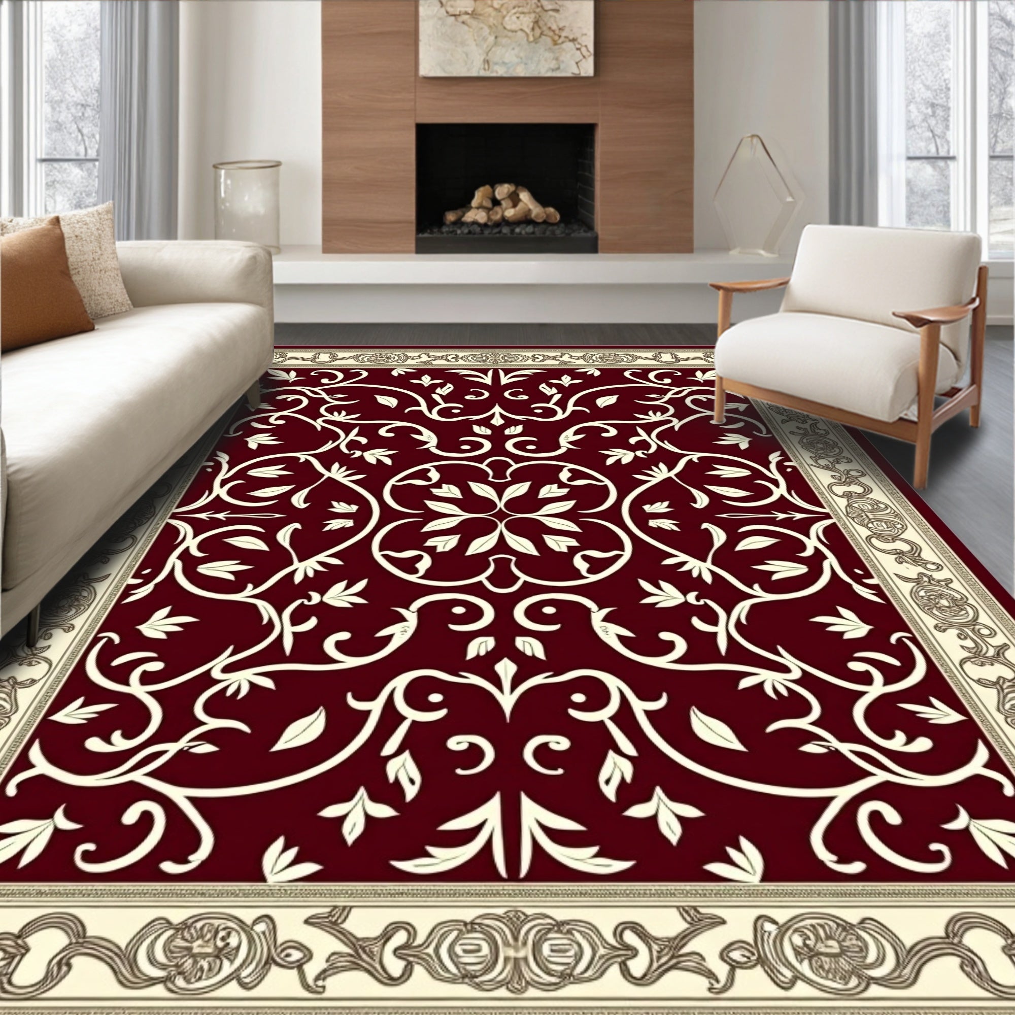Crimson Cream Ornate Floral Vine Rug