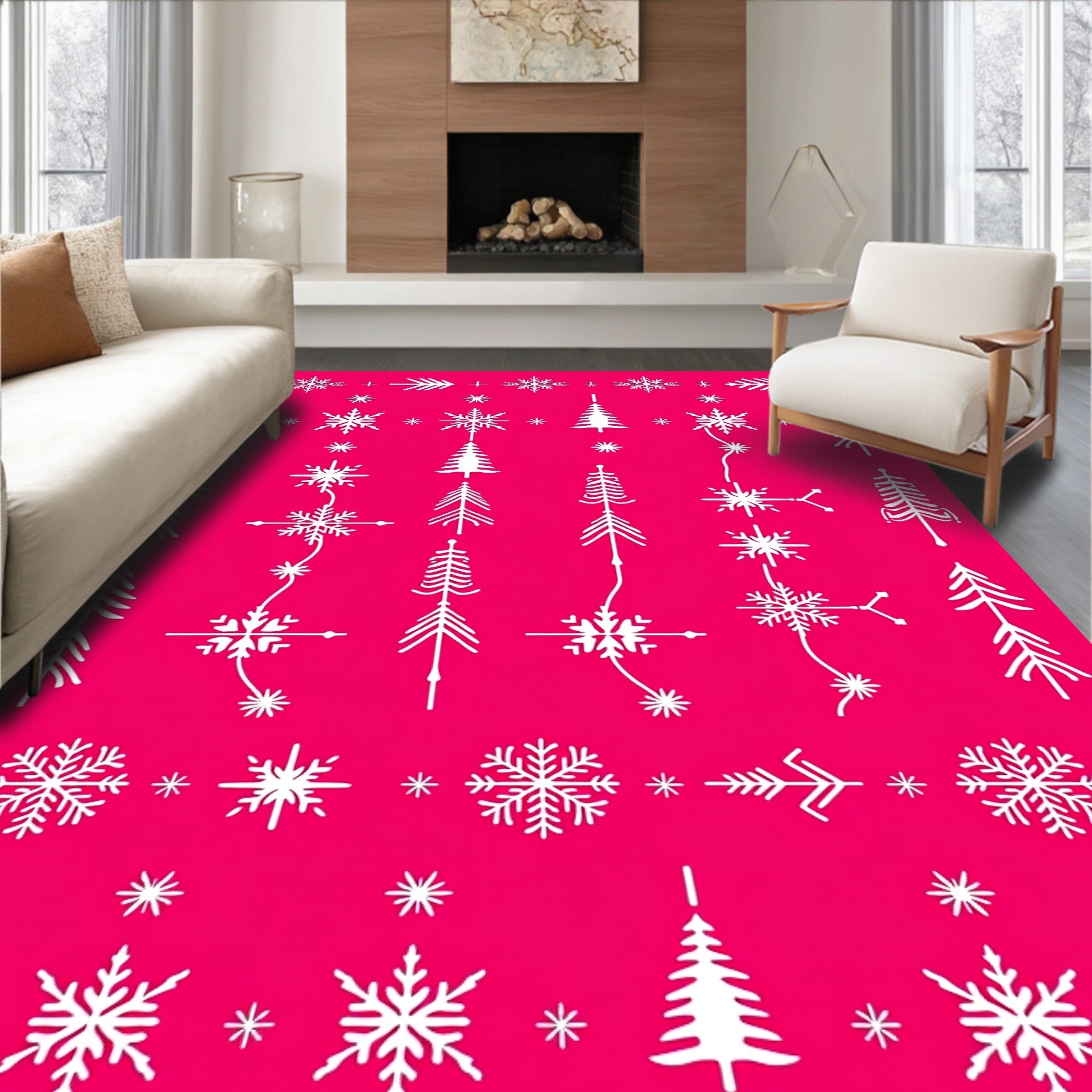 White Forest Snowflakes On Pink Rug