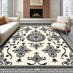 Intricate Black Floral Medallion Cream Rug