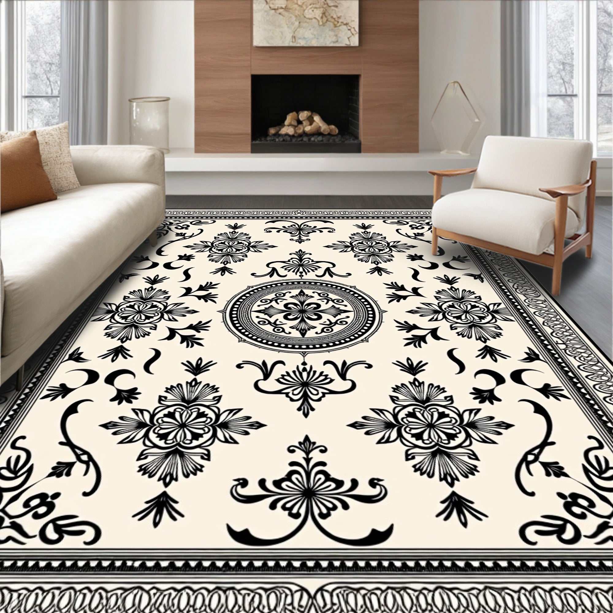 Intricate Black Floral Medallion Cream Rug
