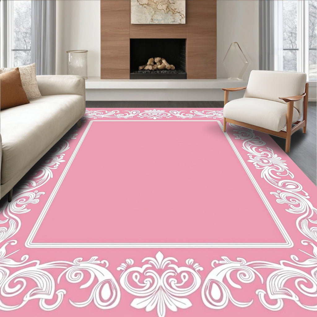 Elegant Pink Floral Scroll Border Rug