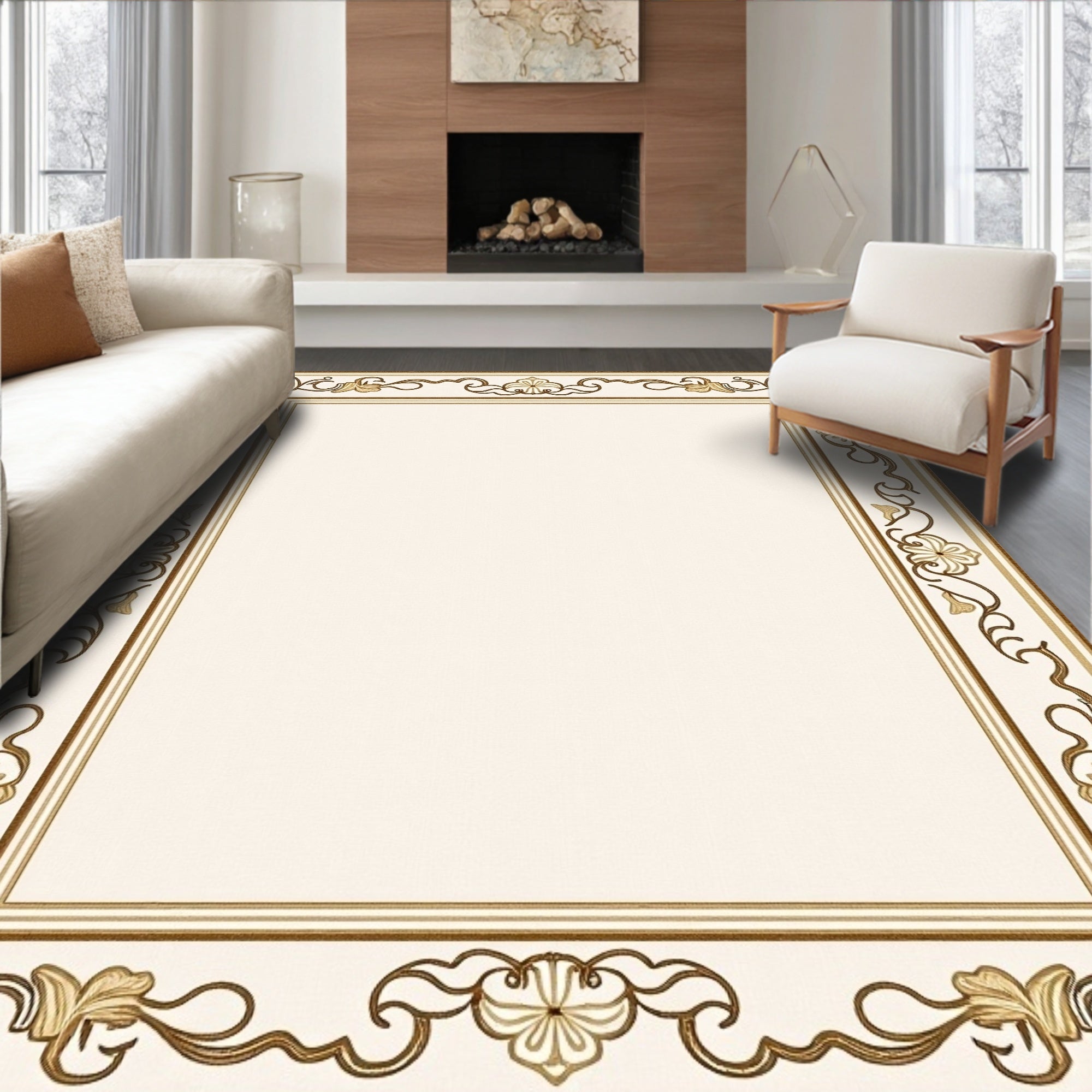 Cream Gold Floral Border Rug