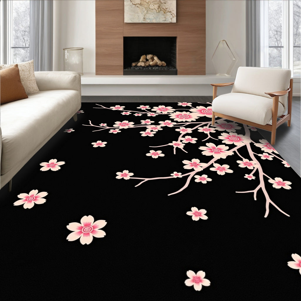 Pink Blossom Branches on Black Canvas Rug