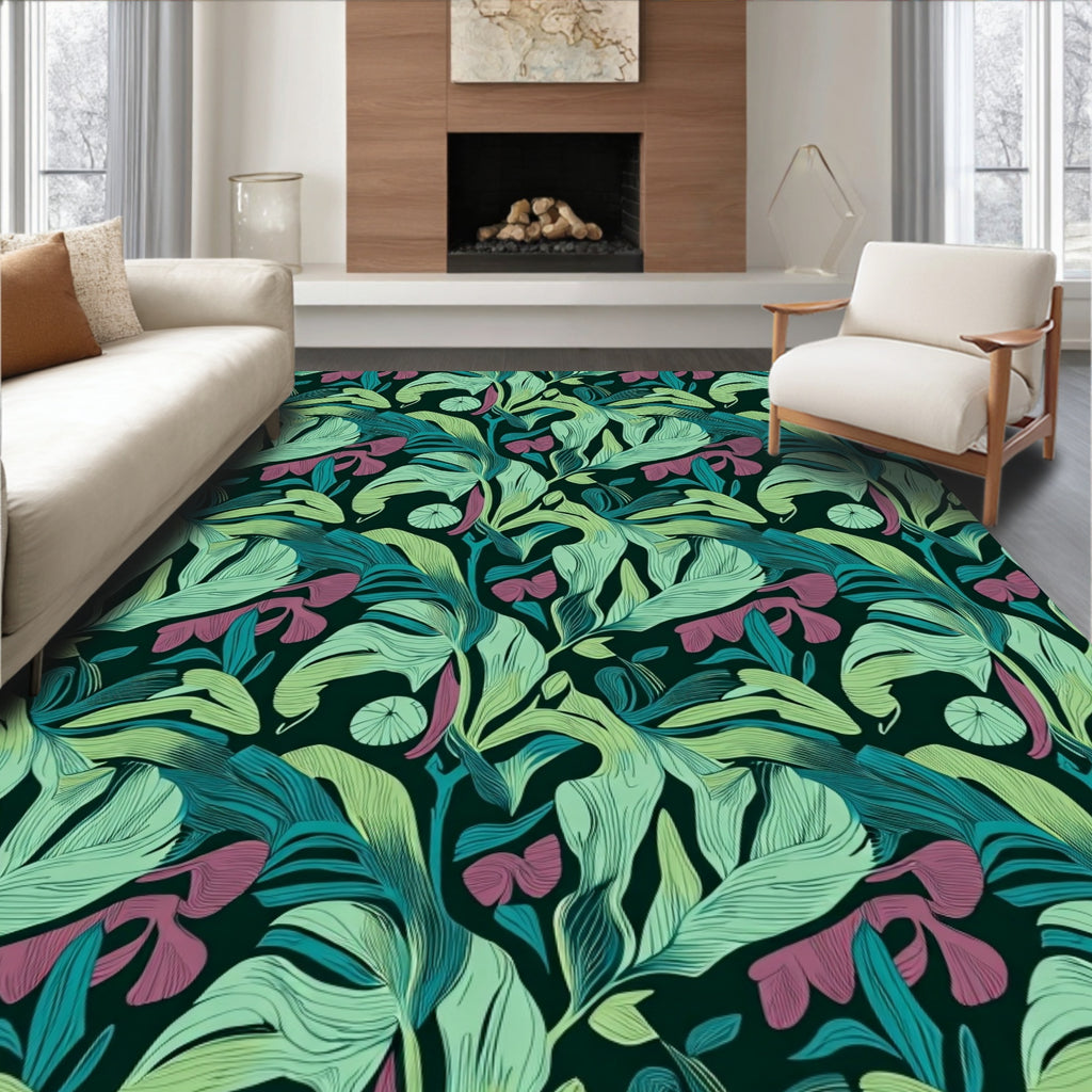 Emerald Teal Orchid Jungle Foliage Rug
