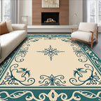 Teal Floral Cream Medallion Border Rug
