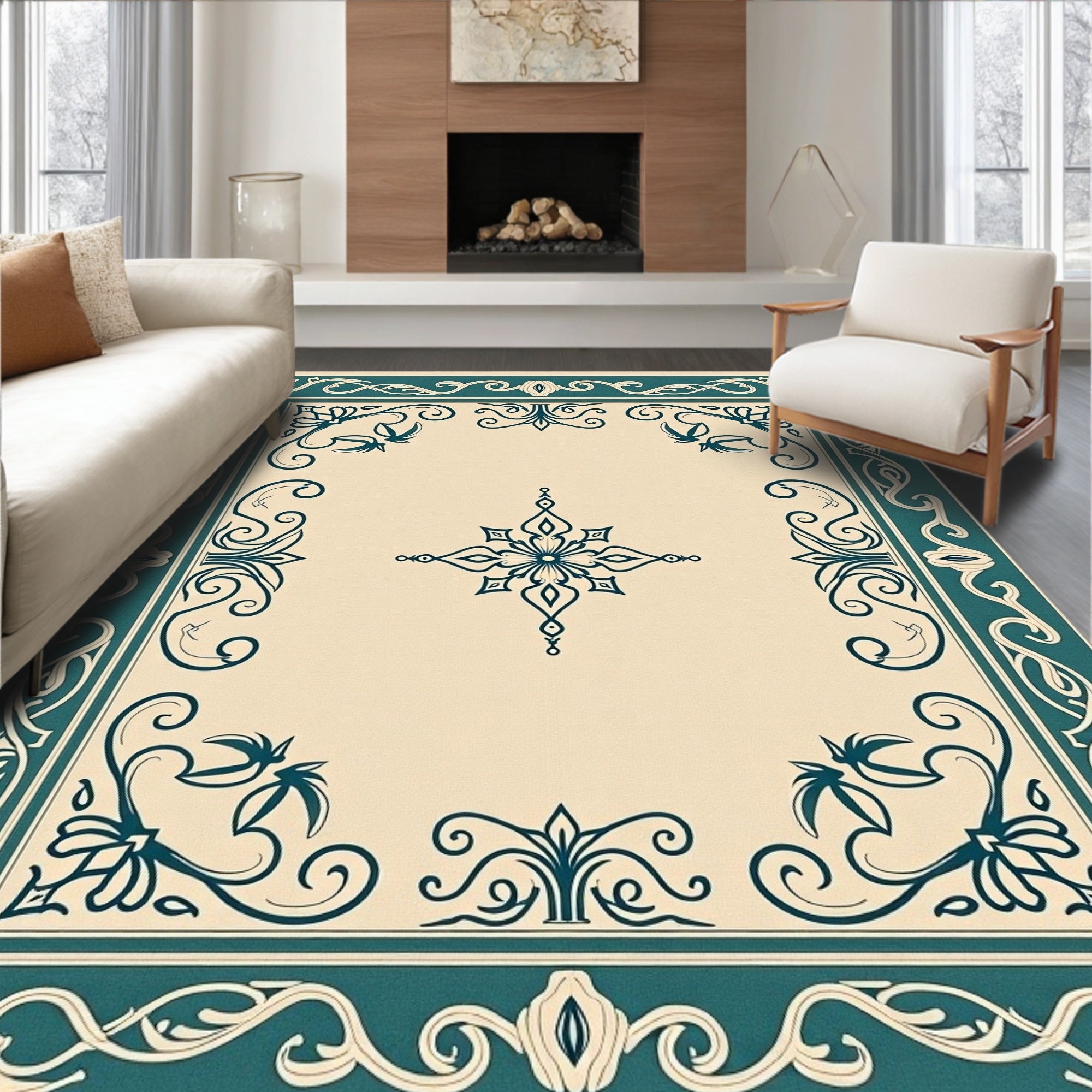 Teal Floral Cream Medallion Border Rug