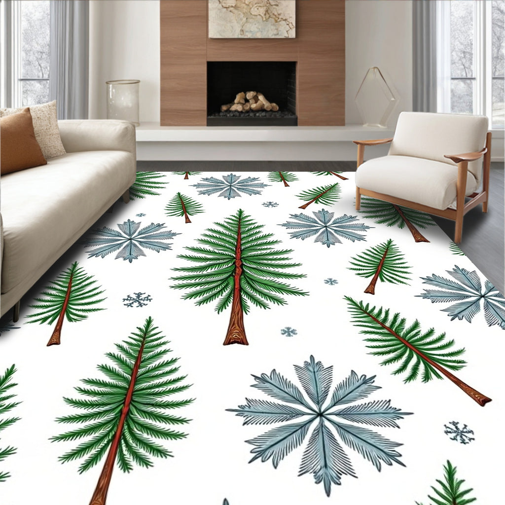 Green Pine Trees Blue Snowflakes Rug