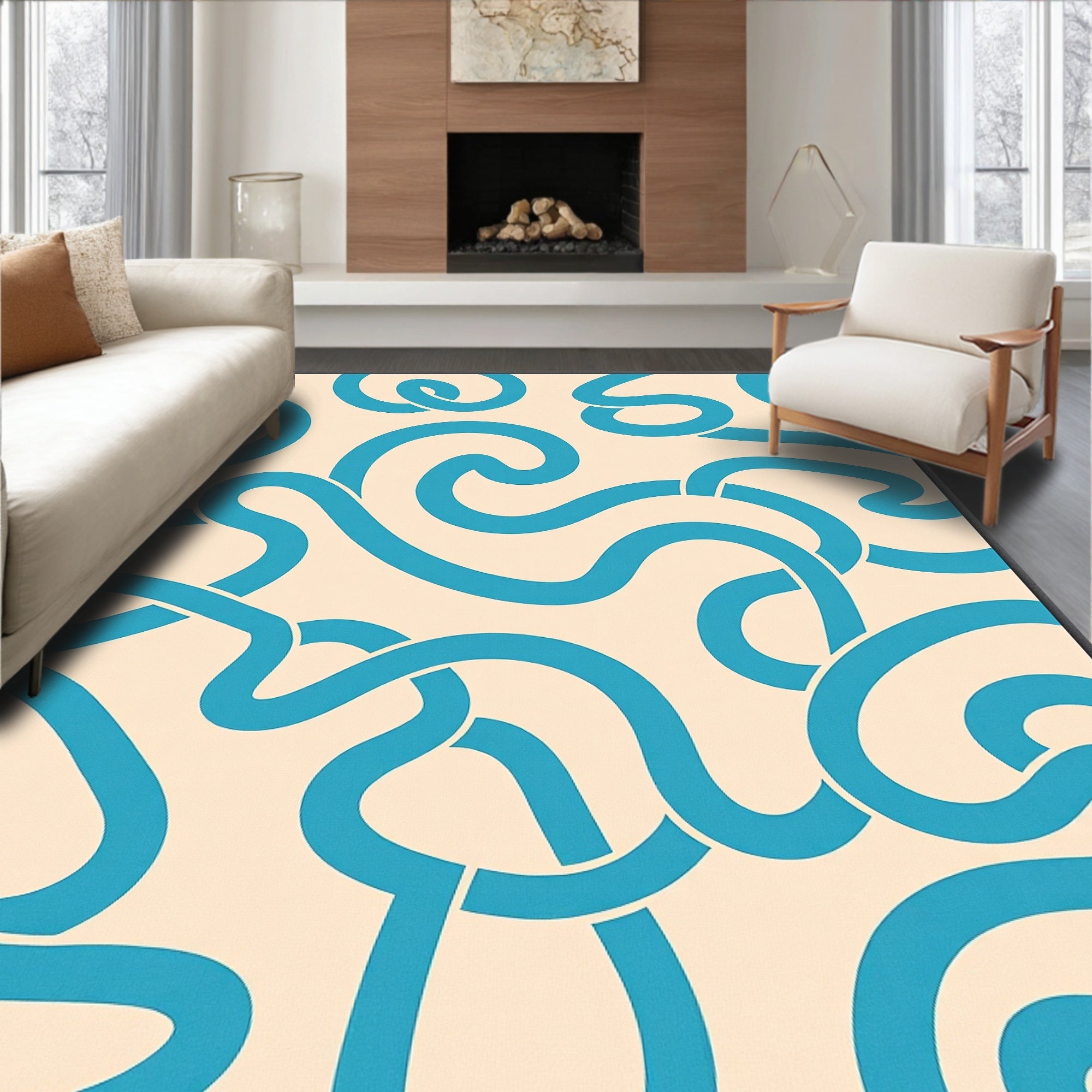 Aqua Cream Swirl Abstract Rug