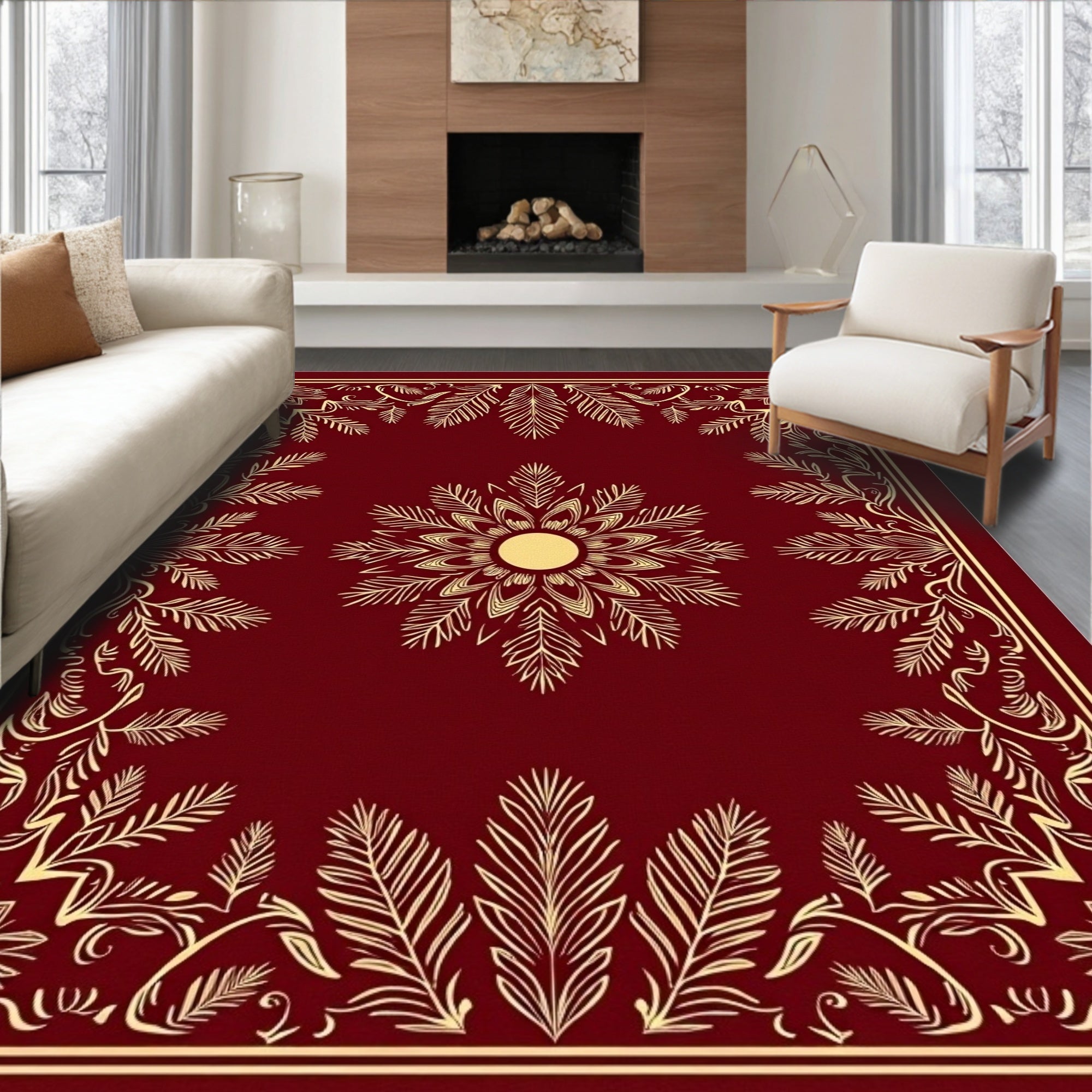 Crimson Gold Leaf Scrollwork Center Medallion Rug