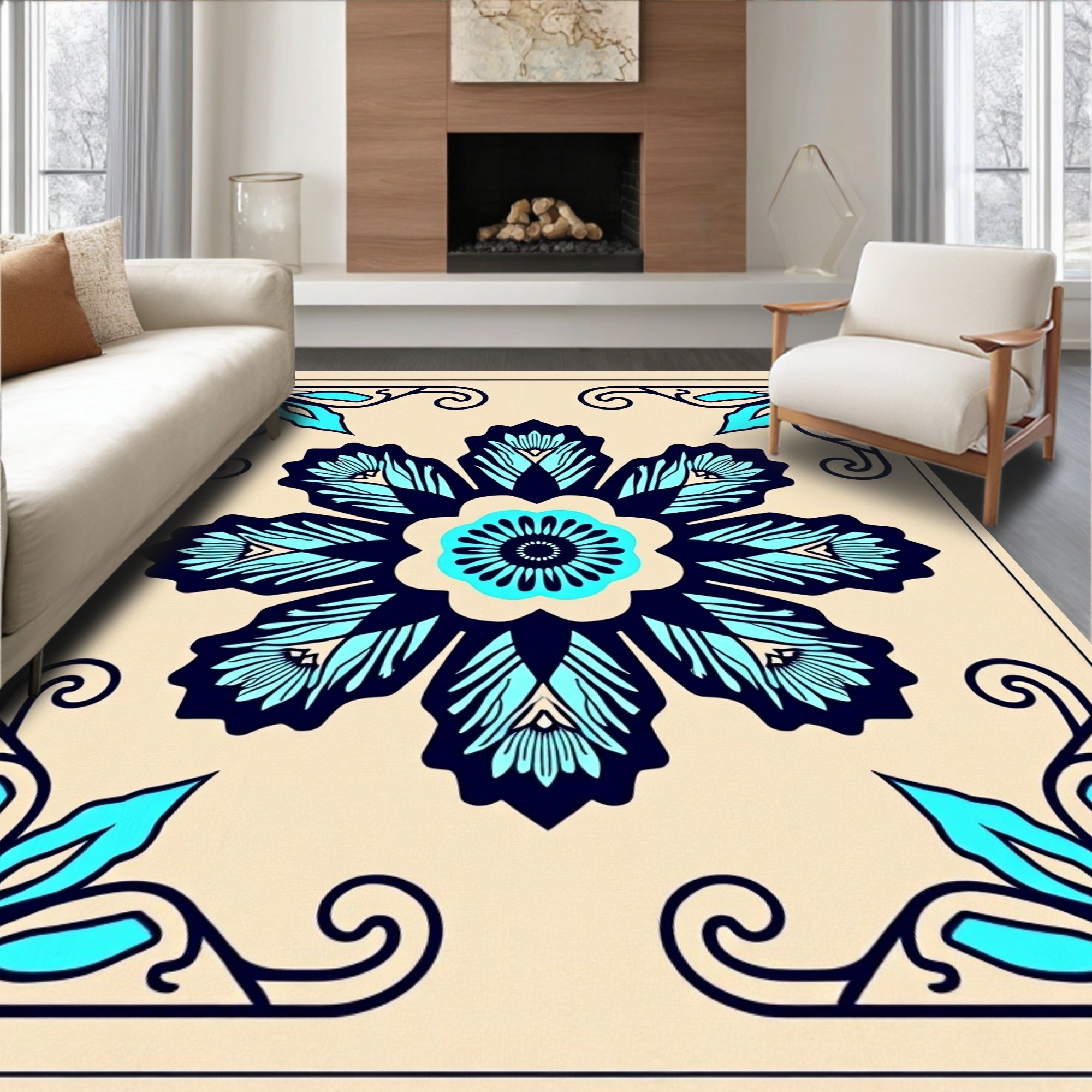 Navy Teal Floral Corner Medallion Rug