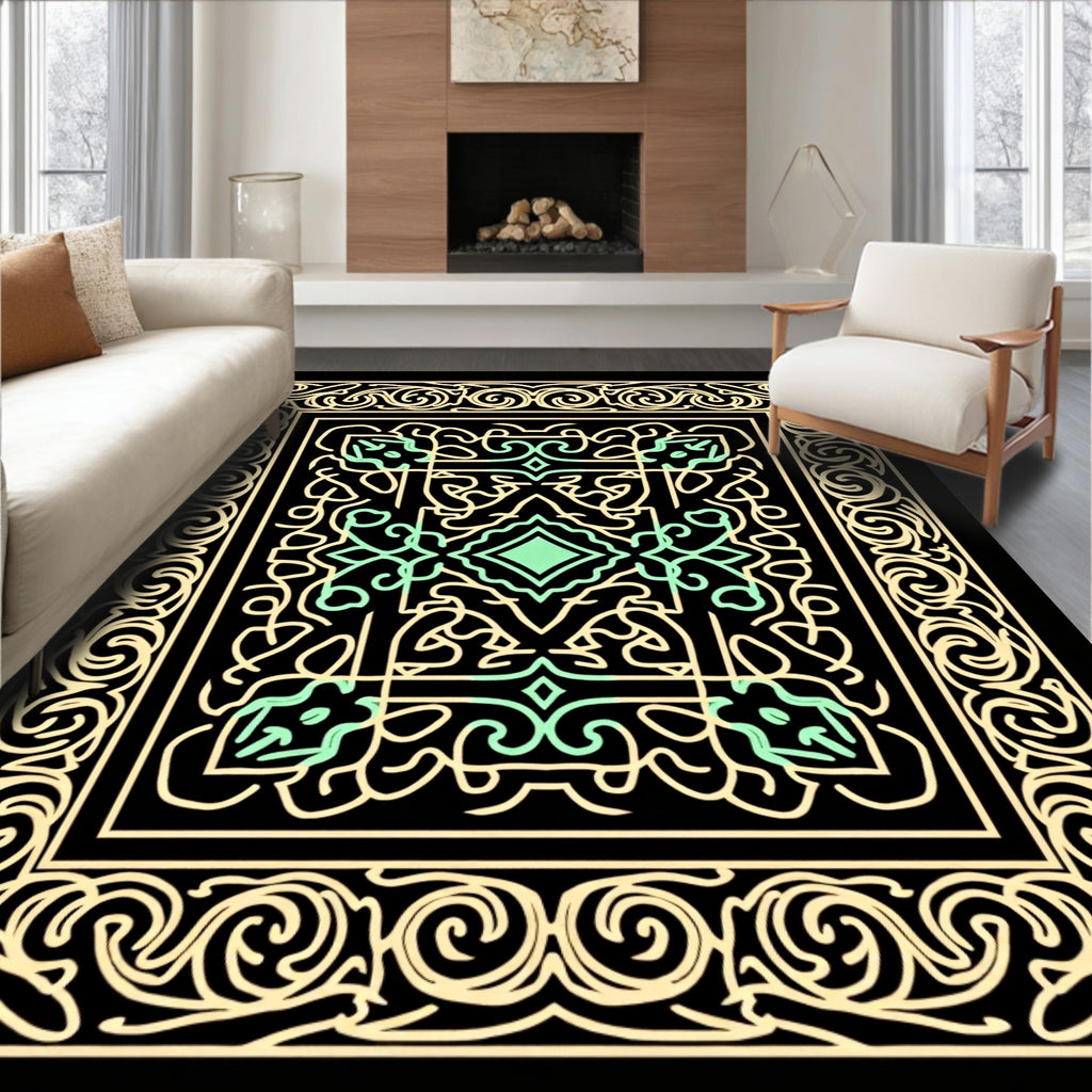 Ornate Mint and Gold Scrollwork Square Rug