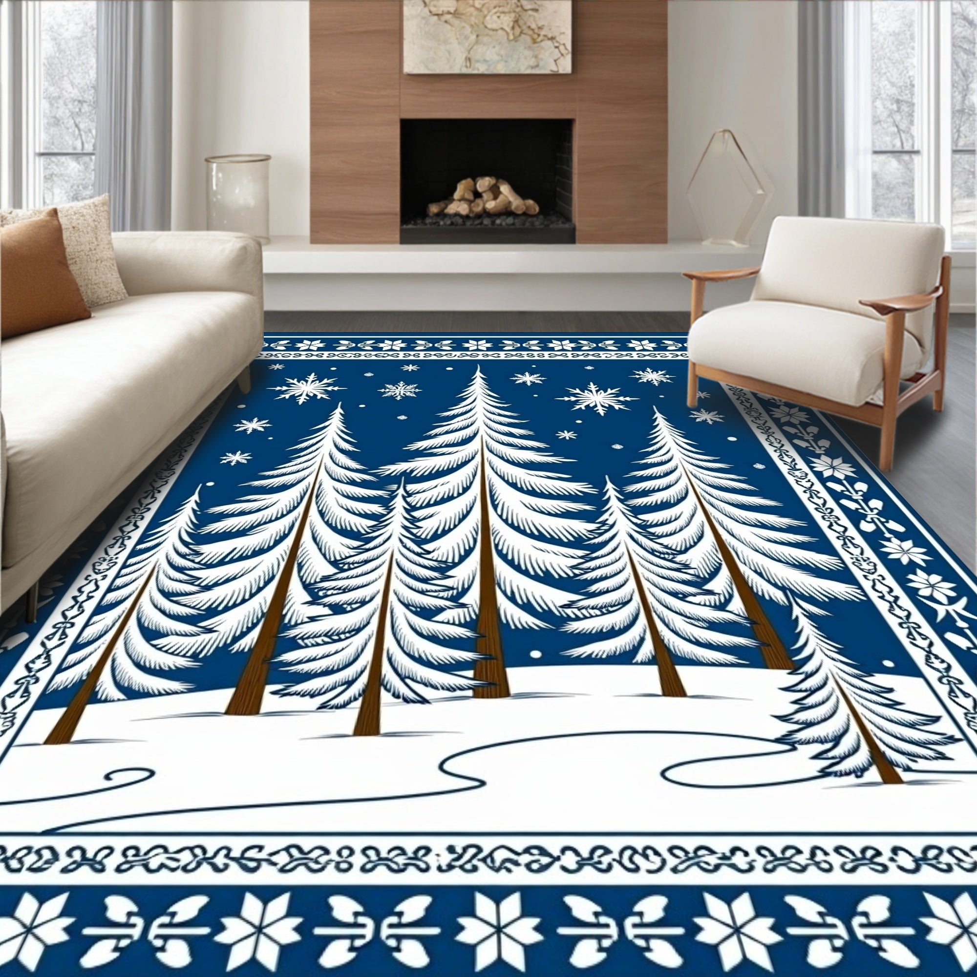 Winter Forest Snowflakes Tree Border Rug