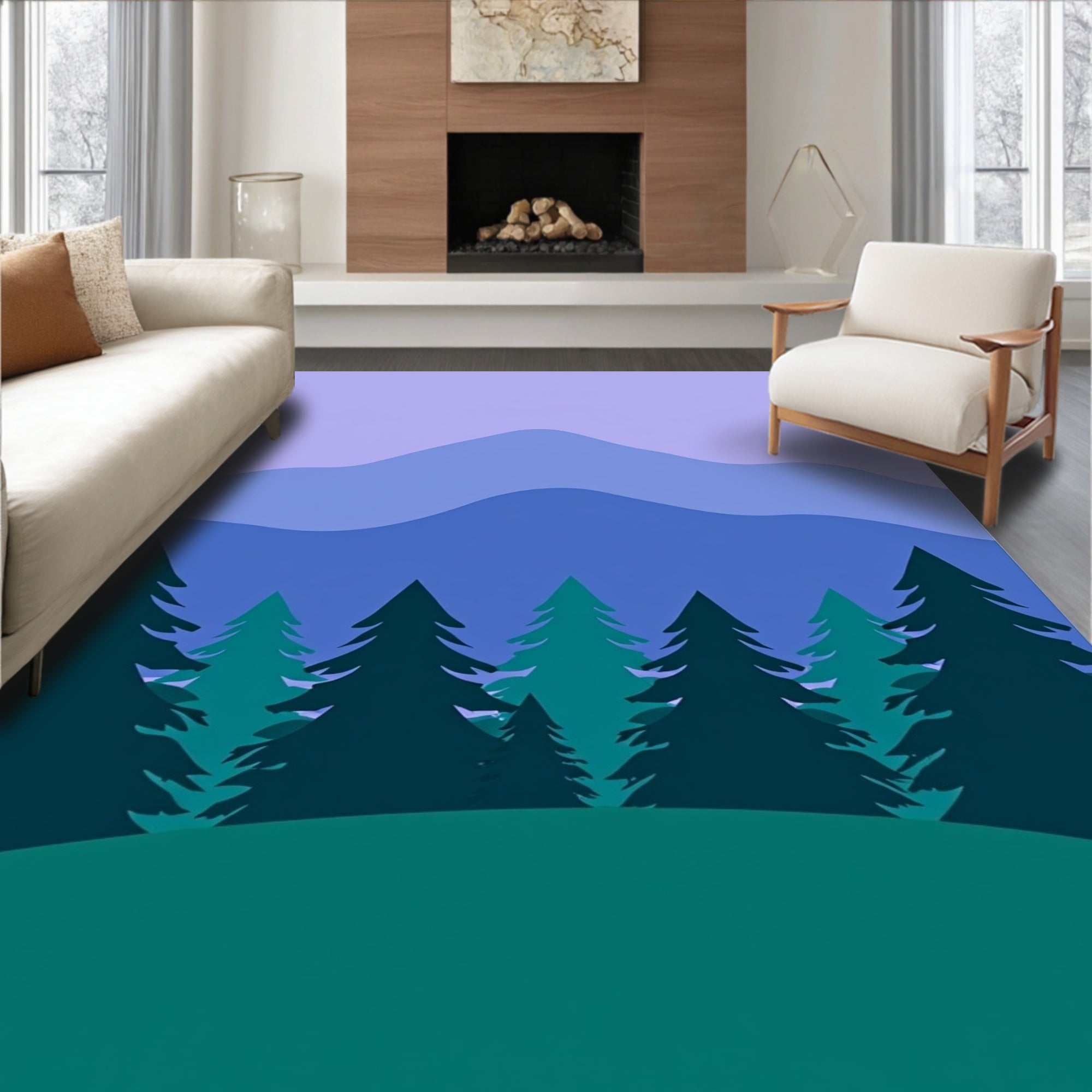 Misty Mountain Forest Landscape Rug