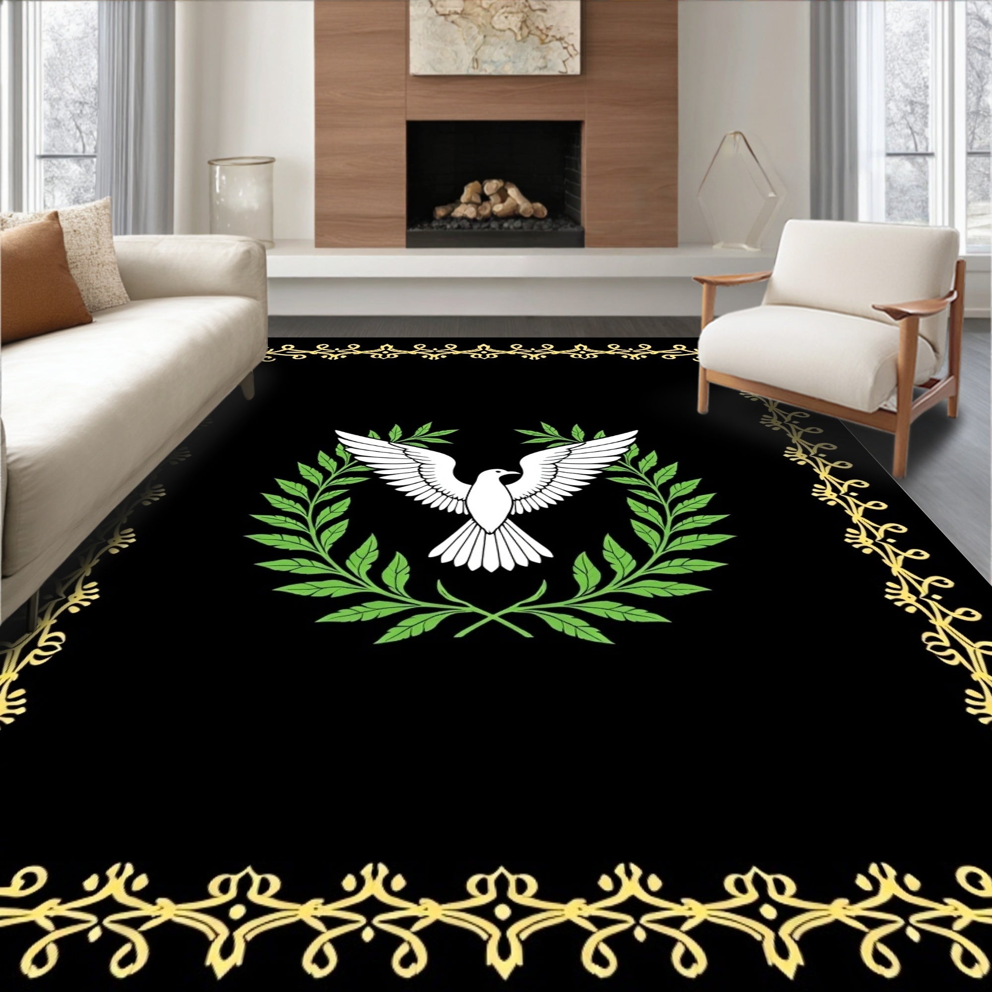 Elegant Black Gold Dove Laurel Wreath Rug