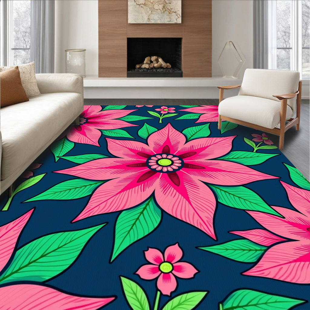 Bold Pink Floral Garden on Navy Rug