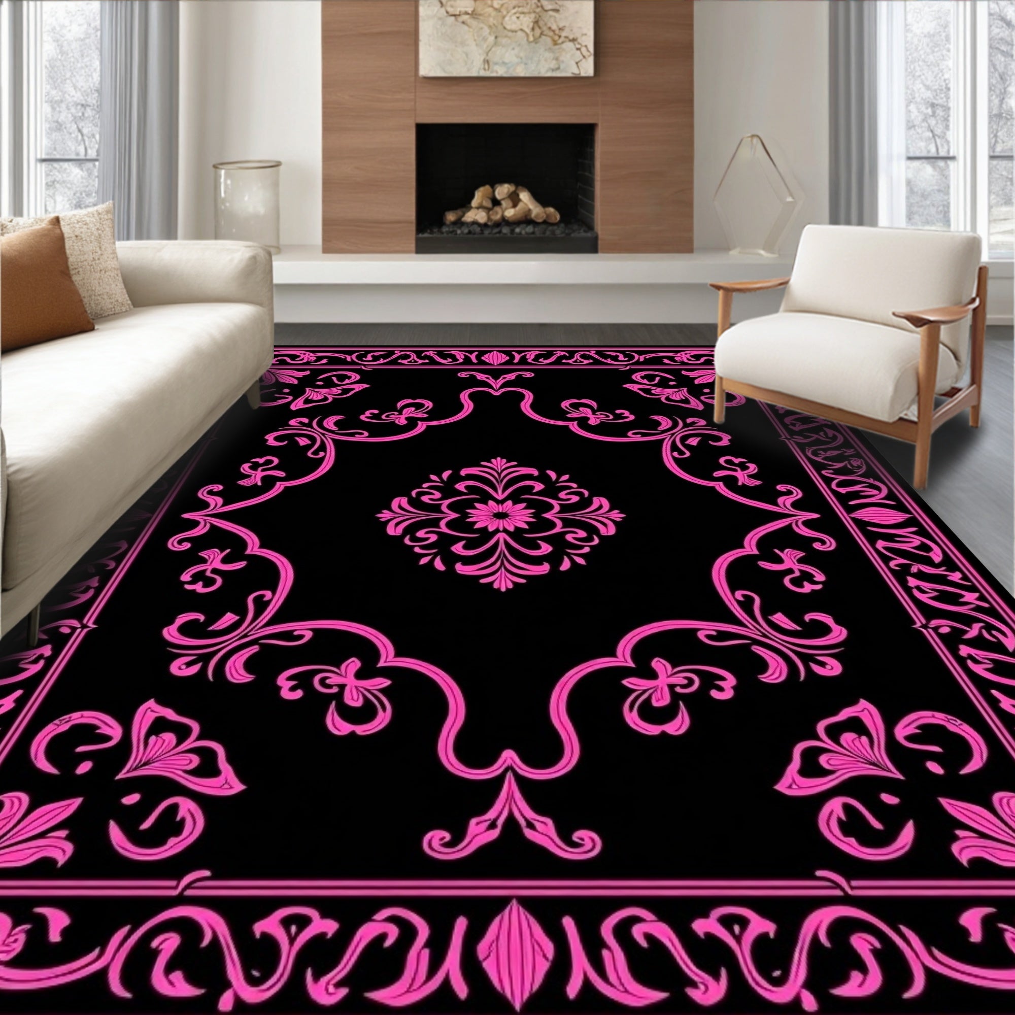 Fuchsia Black Ornate Floral Medallion Rug