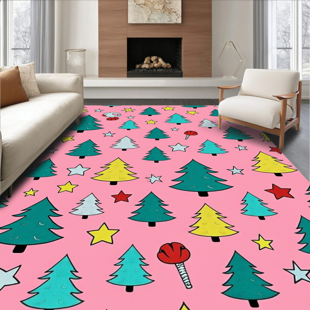 Pink Christmas Trees and Stars Cotton Rug