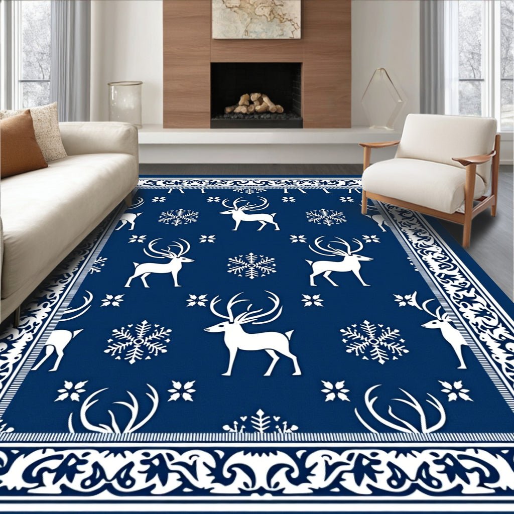 Navy White Winter Reindeer Snowflakes Border Rug