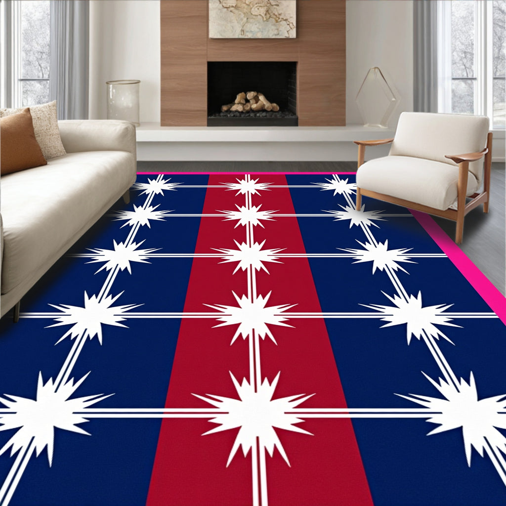 Navy Red White Starburst Grid Rug