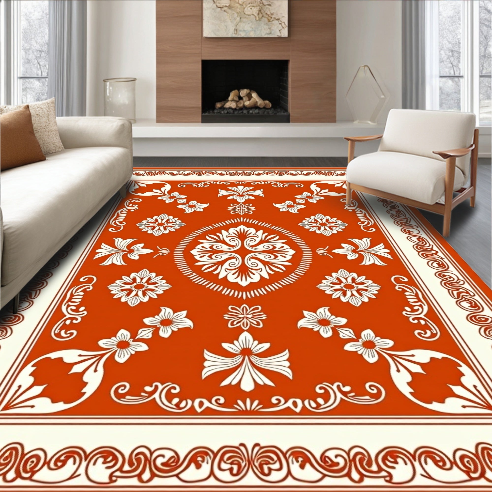 Orange and Cream Floral Medallion Rug