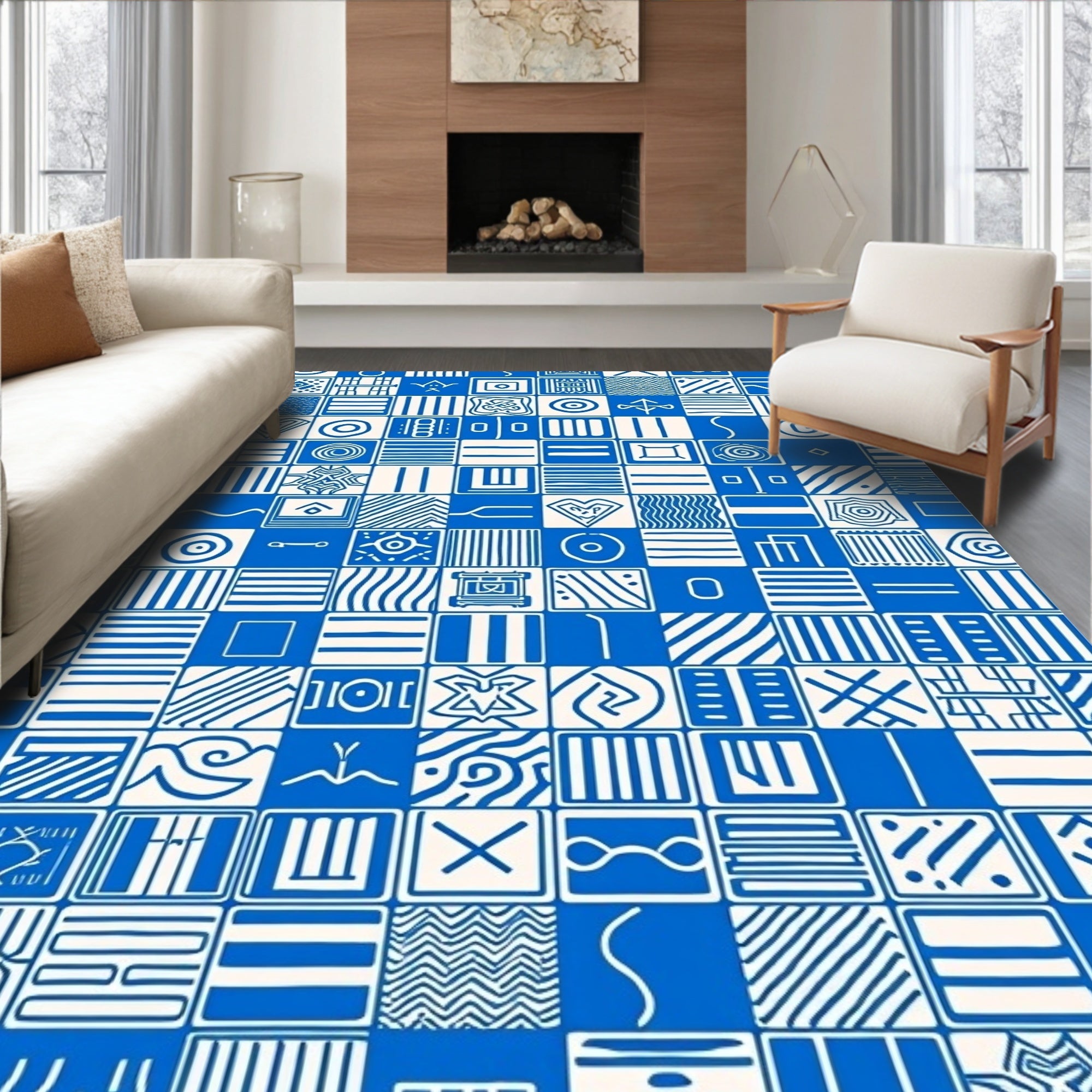 Blue White Geometric Square Collage Rug