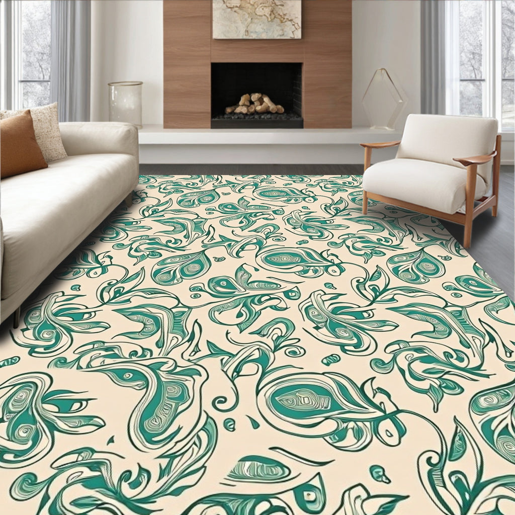 Teal Swirl Vine Cream Background Rug