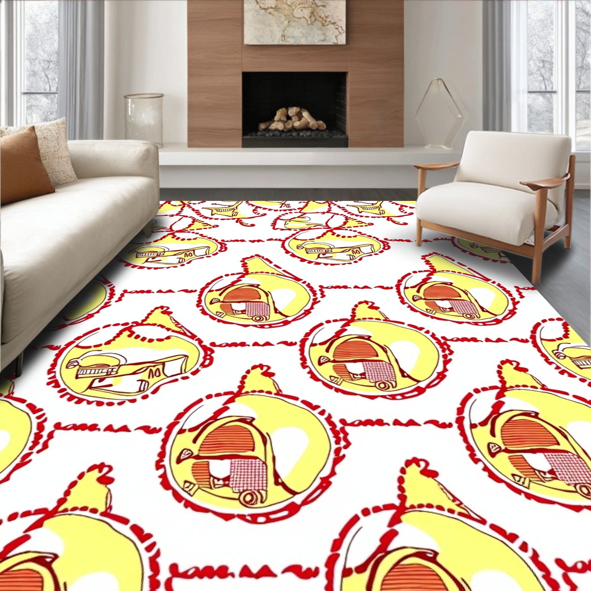 Yellow Red Mid-Century Robot Forms Rug
