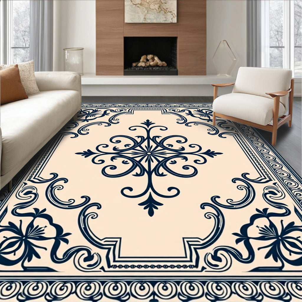 Deep Blue Vintage Floral Scroll Rug