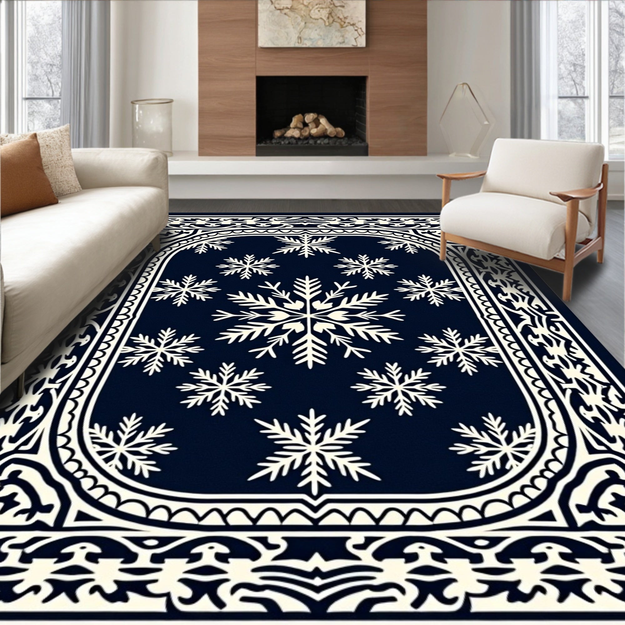 Dark Blue Snowflake Bordered Rug