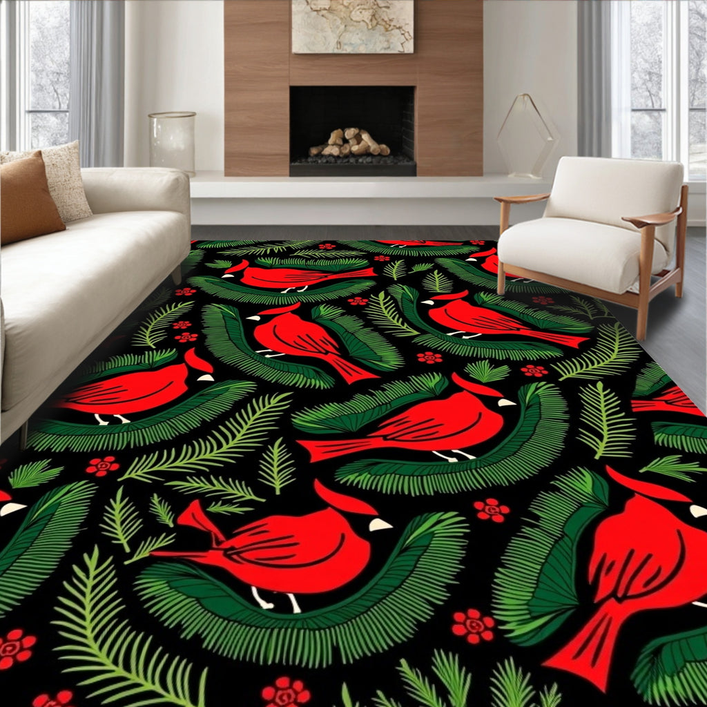 Bold Red Cardinal Evergreen Branch Rug