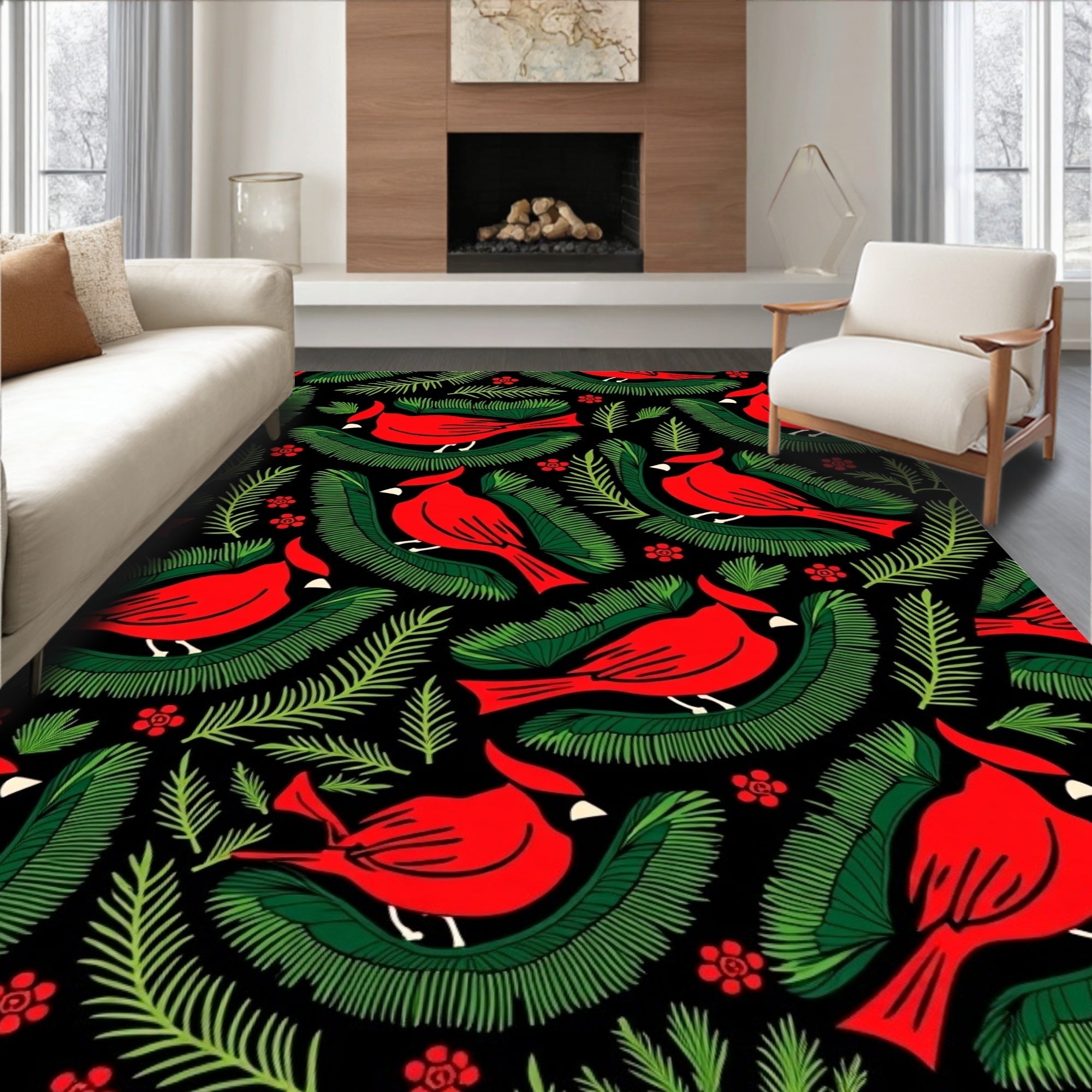 Bold Red Cardinal Evergreen Branch Rug