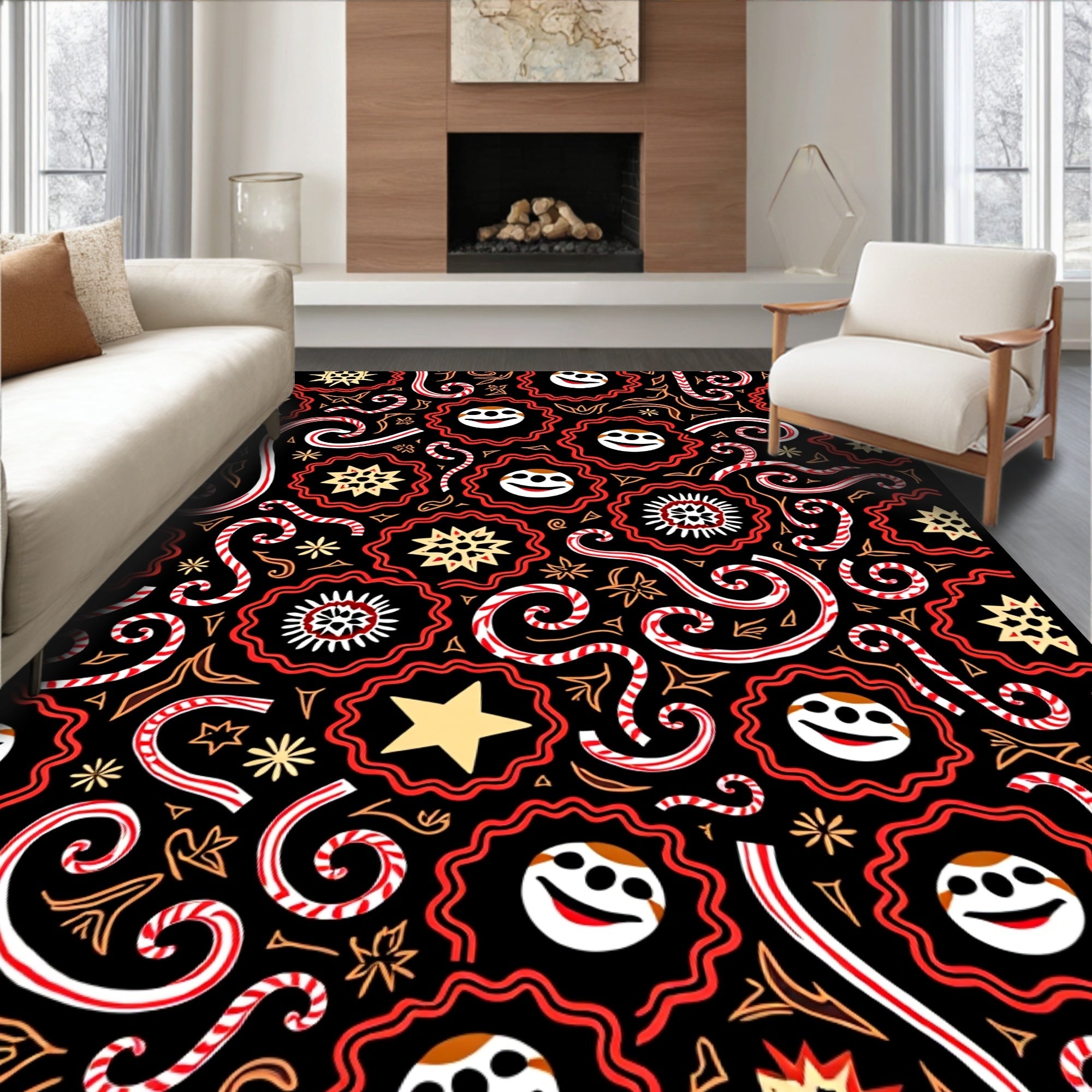 Jolly Christmas Stars Candy Canes Swirls Rug
