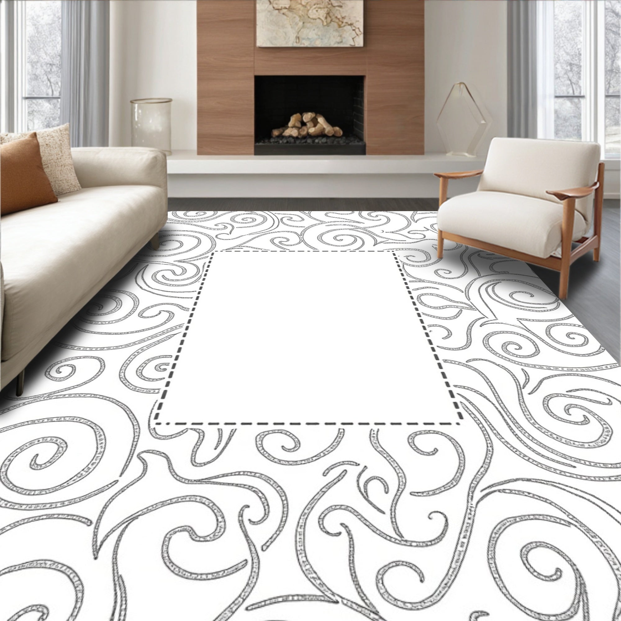Ornate Swirling Gray Line Art Rug
