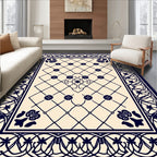Navy Blue Floral Lattice Vine Border Rug