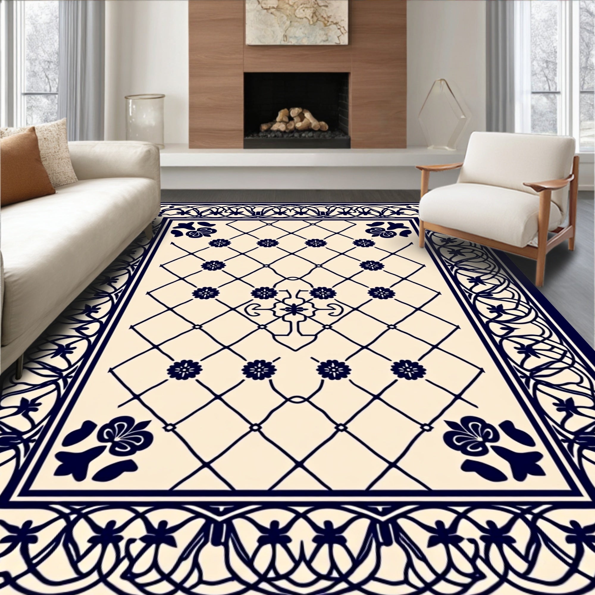 Navy Blue Floral Lattice Vine Border Rug