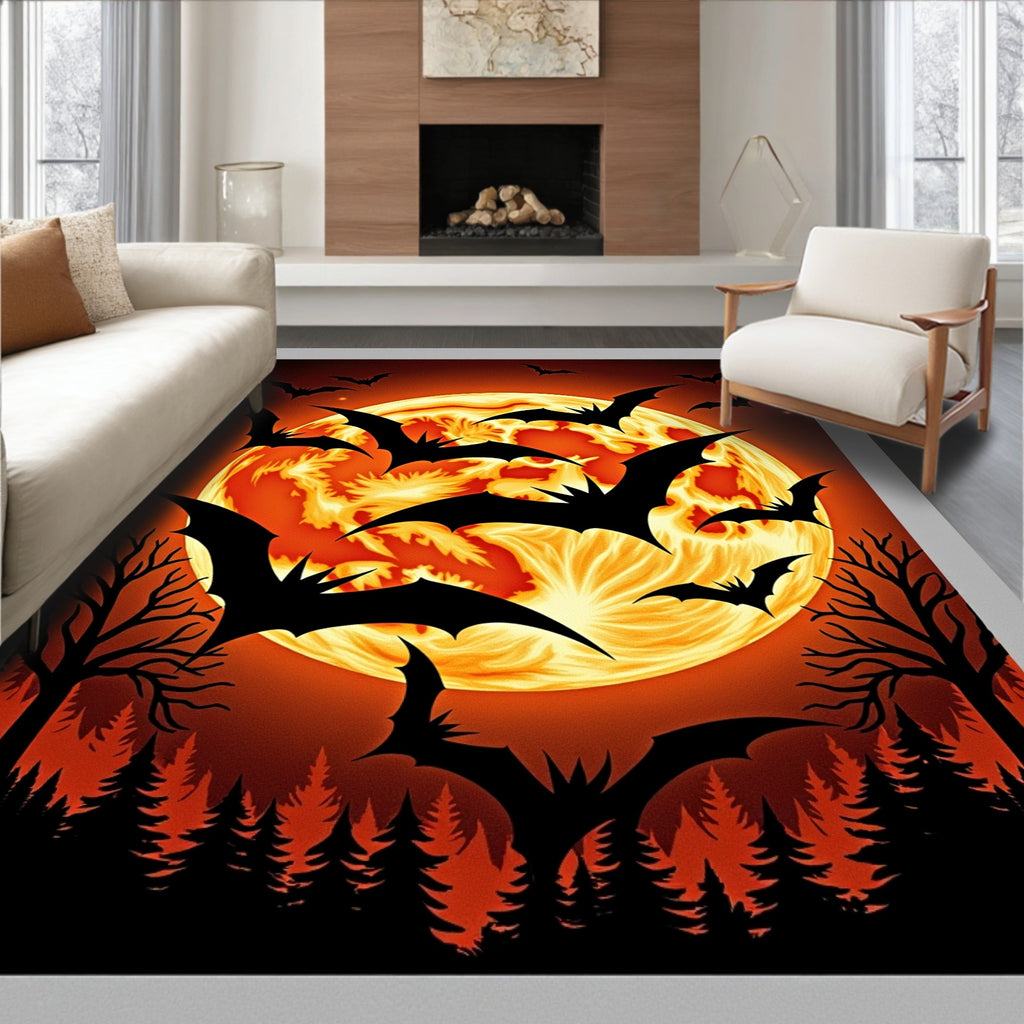Spooky Orange Moon Bat Swarm Rug