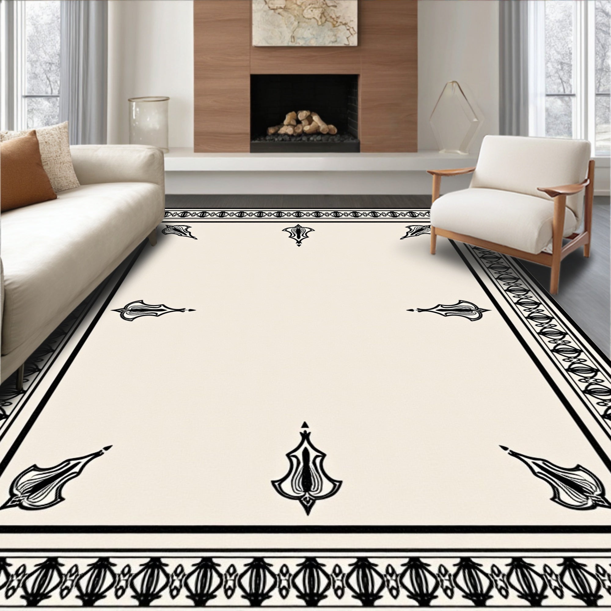 Cream Classic Black Border Medallion Rug