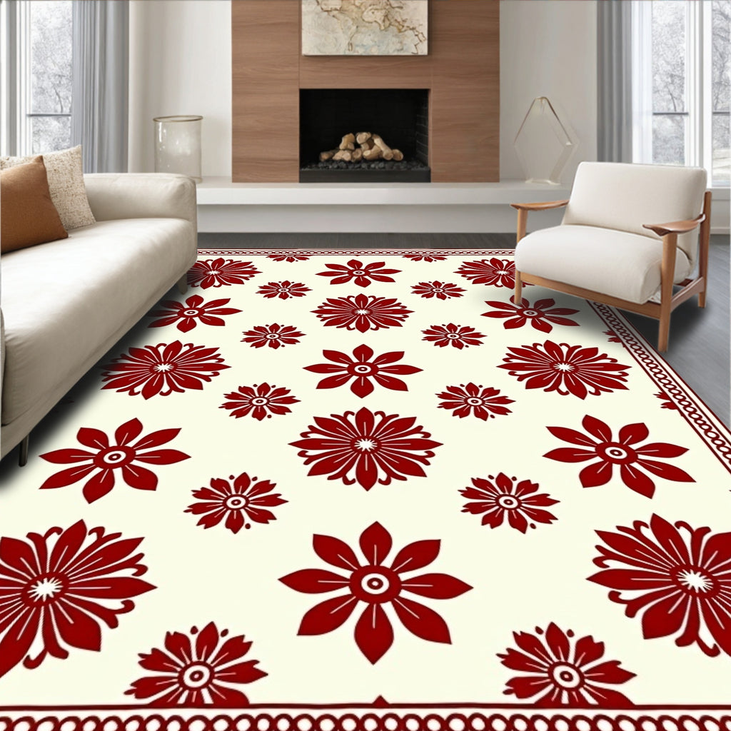Deep Red Floral Medallion Ivory Rug