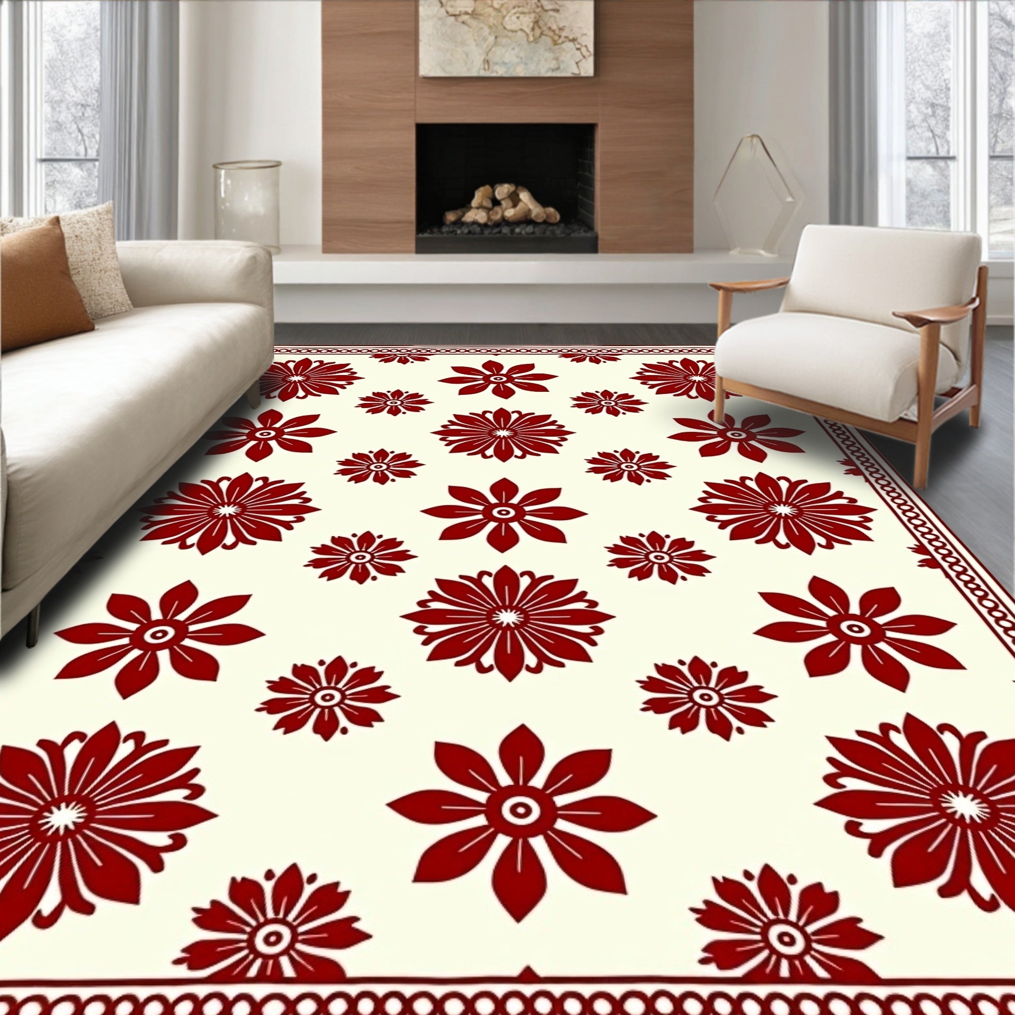 Deep Red Floral Medallion Ivory Rug