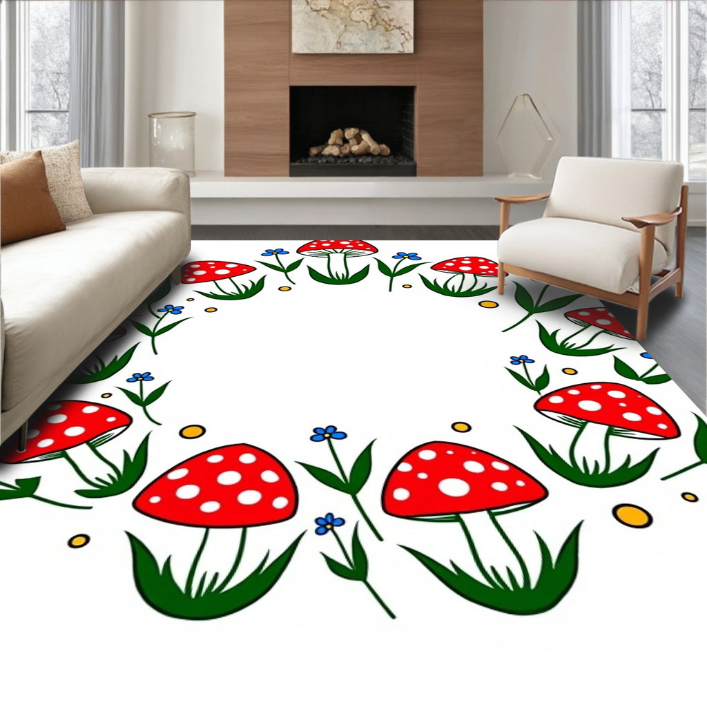Whimsical Red Mushroom Blue Flower Meadow Rug