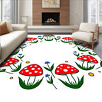 Whimsical Red Mushroom Blue Flower Meadow Rug