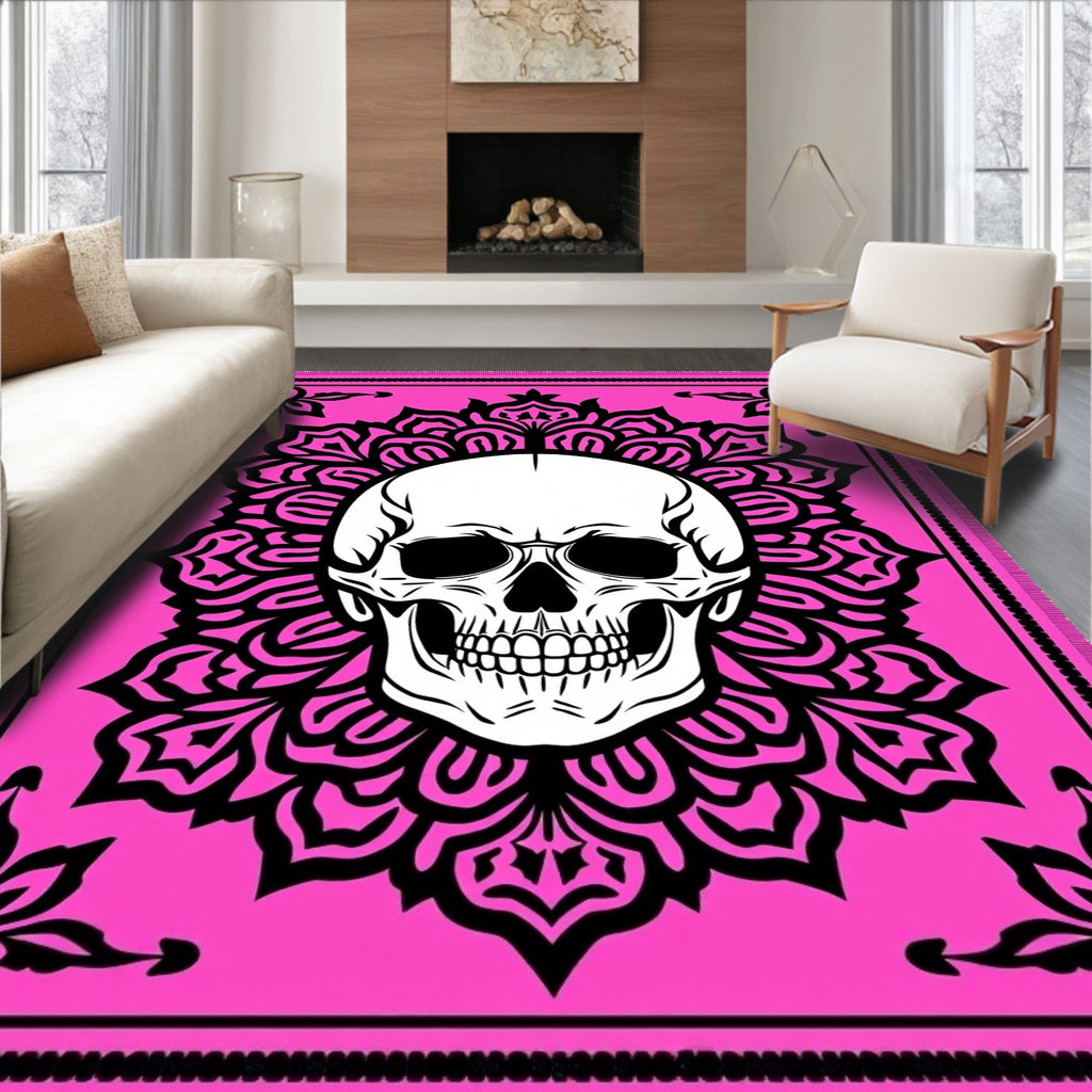 Vibrant Pink Skull Mandala Rug