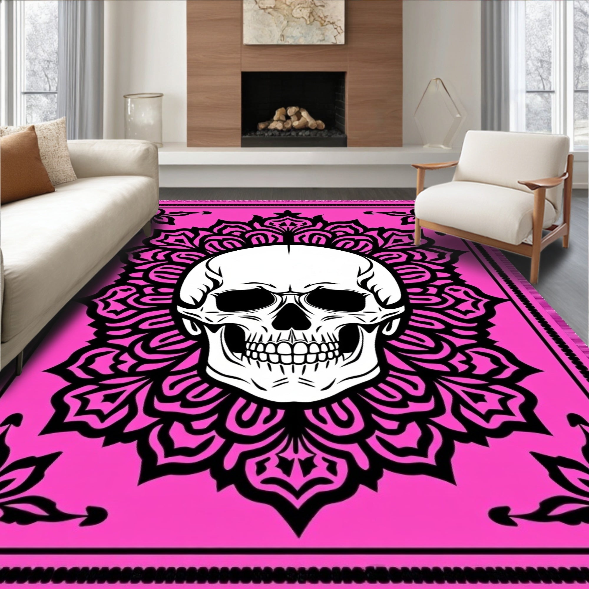 Vibrant Pink Skull Mandala Rug