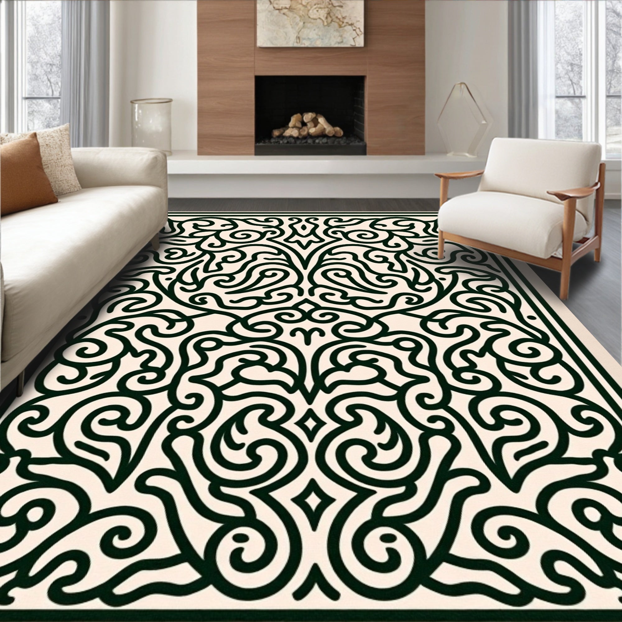 Intricate Black Cream Floral Scroll Rug
